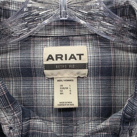 Ariat Shirt Mens Large Blue Gray Plaid Retro Fit Short Sleeve Western Pearl Snap - Picture 3 of 12